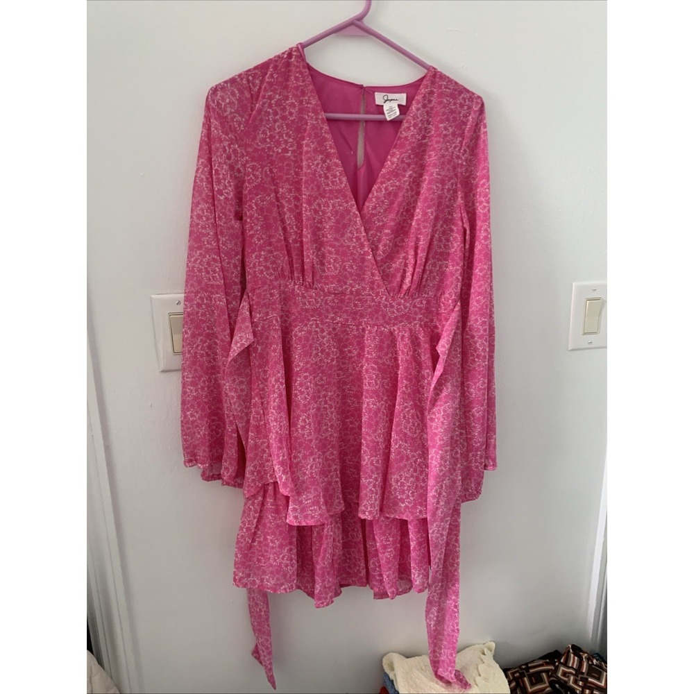 Japna Pink Floral V-Neck Cocktail Dress Long Puff Sleeve Tiered Knee Length M